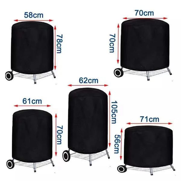 Black heavy duty round grill cover with various sizes shown for different grills.