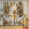 Elegant champagne gold and white swan curtains with floral accents featuring large roses and shimmering details