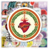 A circular decal featuring a red heart with a cross on top, surrounded by a green wreath and gold border.