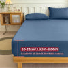 A blue fitted bed sheet is displayed on a wooden bed frame with a label indicating its size compatibility.