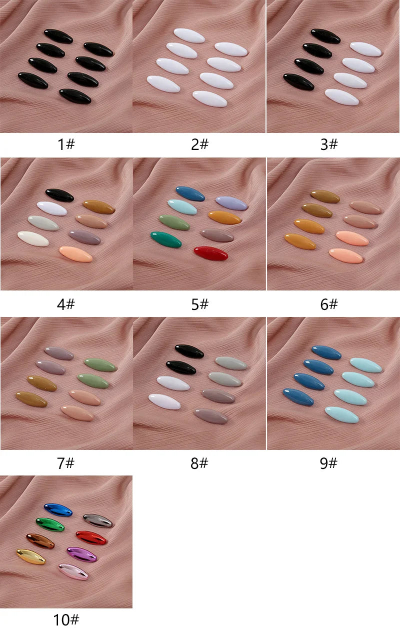 A grid showing ten different shades of plastic safety pins for hijab accessories, arranged in numbered groups.