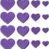 A collection of 24 iron-on love heart embroidered patches in purple.