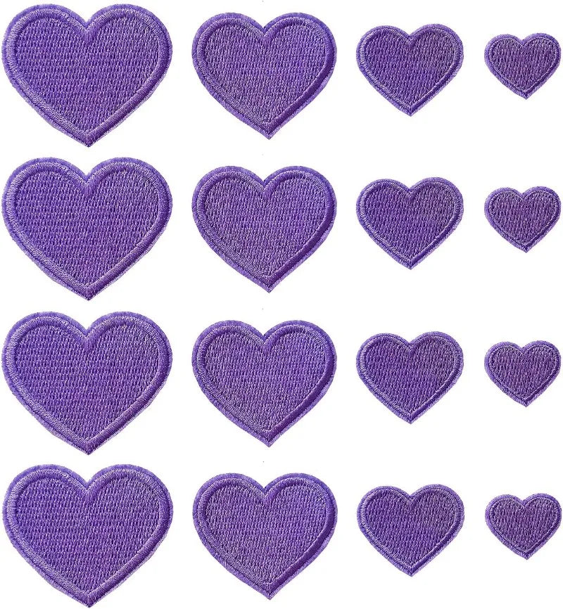 A collection of 24 iron-on love heart embroidered patches in purple.