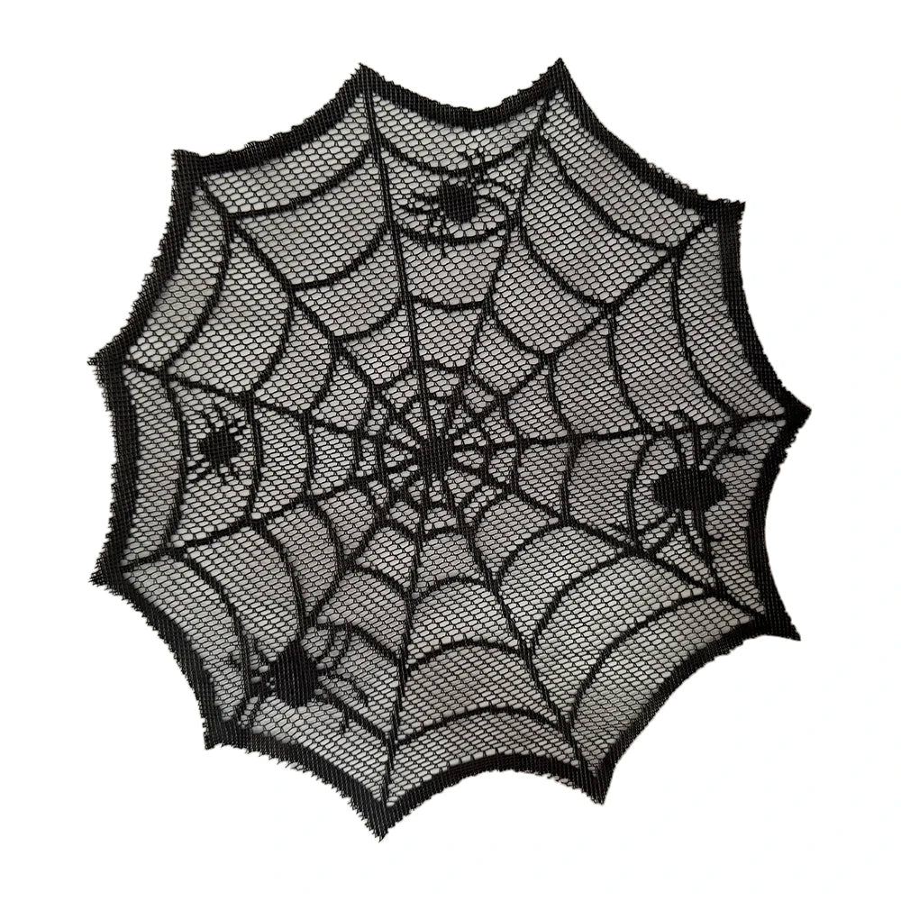Black lace spider web design on a sheer mesh fabric