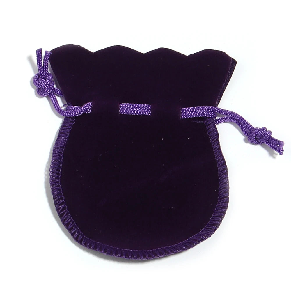 A deep purple velvet drawstring gift bag shaped like a gourd, featuring purple cord closures.