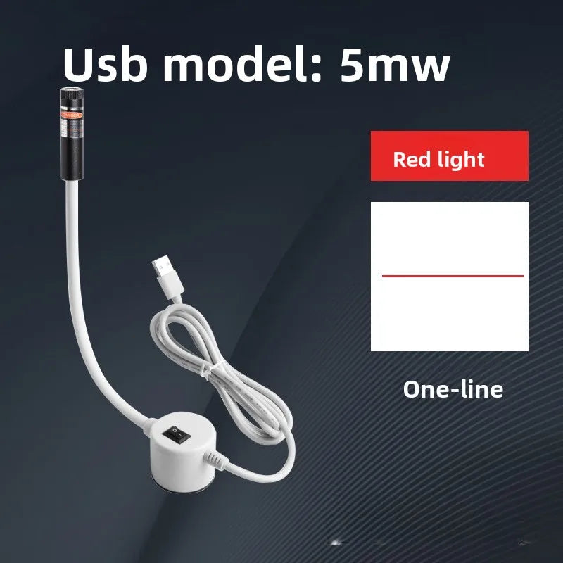 A white USB laser positioning light with a red light feature and one-line design is shown connected by a white cable.