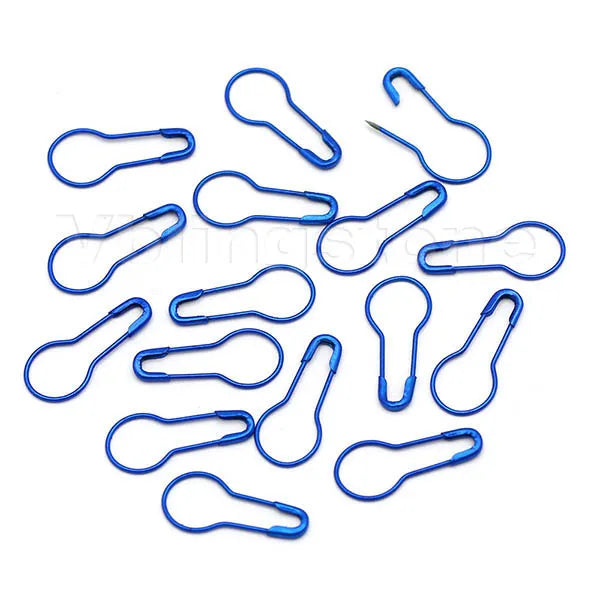A collection of blue gourd-shaped locking safety pins for knitting and sewing.