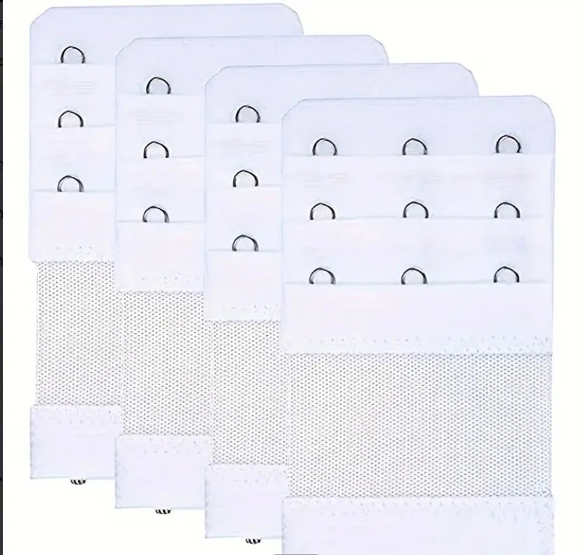 A pack of four white silicone bra strap extenders with hooks for comfort fit adjustment.