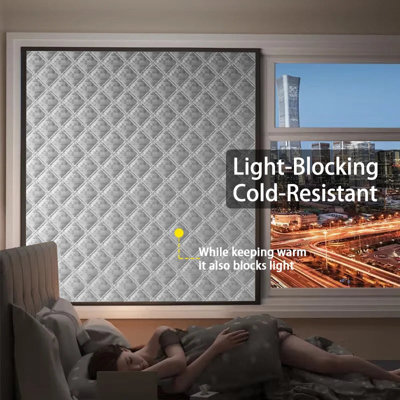 A light-blocking cold-resistant window film is shown on a window, with a person sleeping nearby.