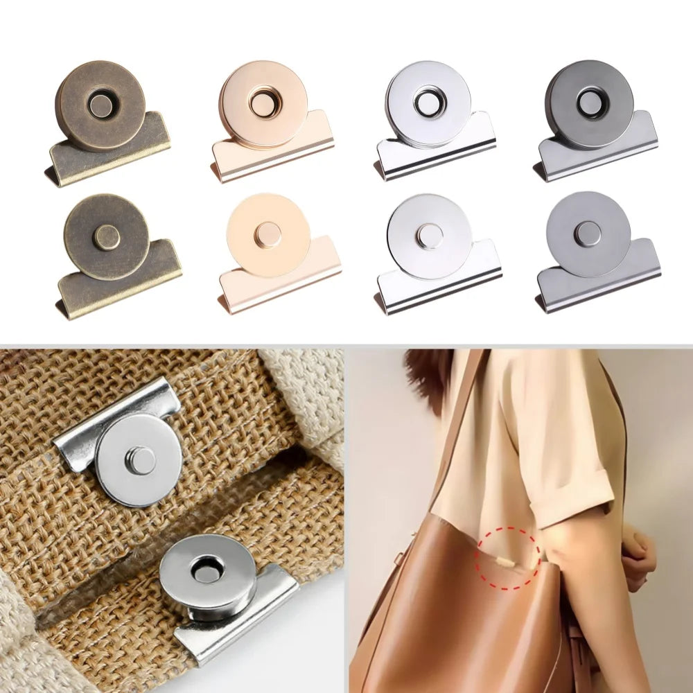 Various seamless magnetic button clasps in silver and gold tones shown on a woven bag and a leather purse.