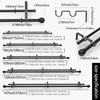 A set of black metal adjustable double curtain rods in various lengths from 60 to 132 inches.