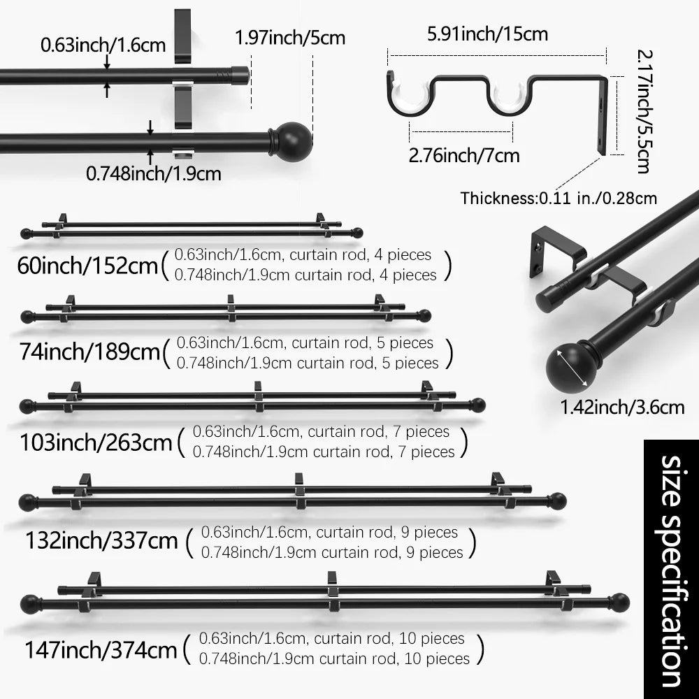 A set of black metal adjustable double curtain rods in various lengths from 60 to 132 inches.