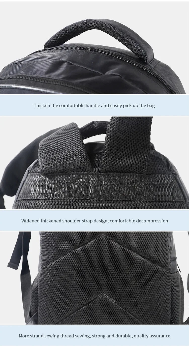 Close-up view of a black student backpack showing features like a thick handle, widened shoulder straps, and strong stitching