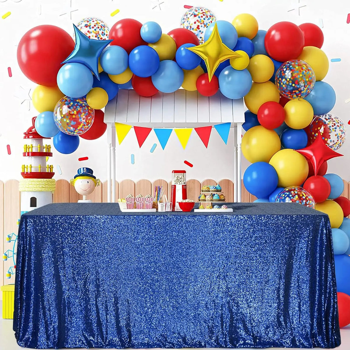 A blue sequin rectangle table cover is displayed in front of a backdrop of colorful balloons and a white wooden structure.