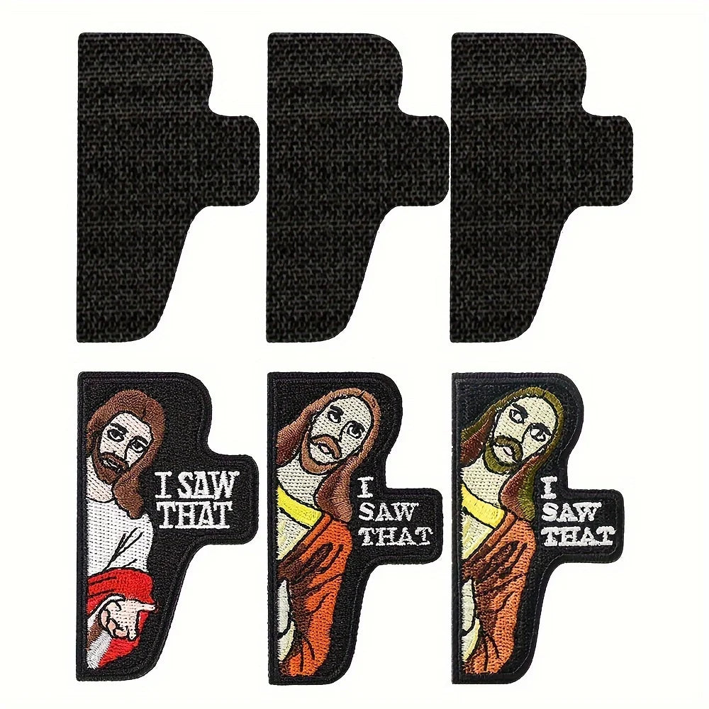 Three black embroidered patches featuring the phrase I SAW THAT on a dark fabric with hook and loop backing