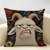 A realistic embroidered depiction of a screaming goat face on a linen cushion cover.