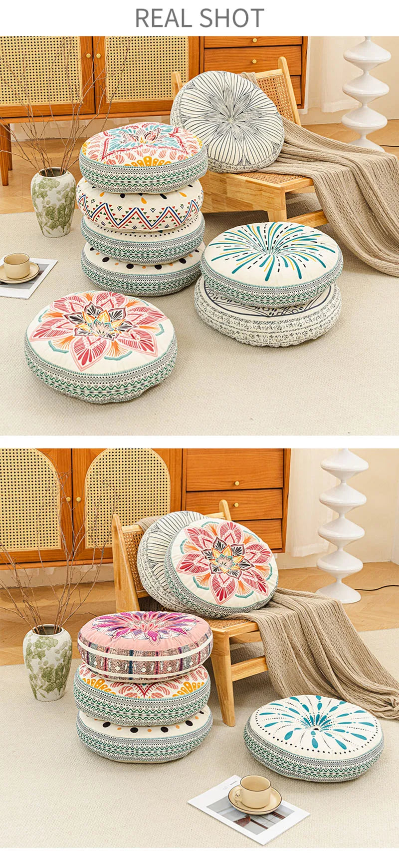 A collection of round bohemian tatami cushions in various floral and geometric patterns displayed on a light-colored rug.