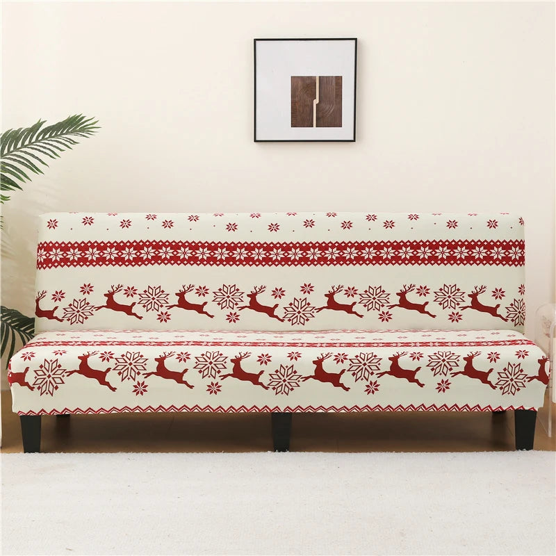 Red and white geometric print spandex slipcovers for sofa beds displayed on a light-colored wall.