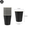 Ten black paper cups stacked and one single black cup shown with dimensions.