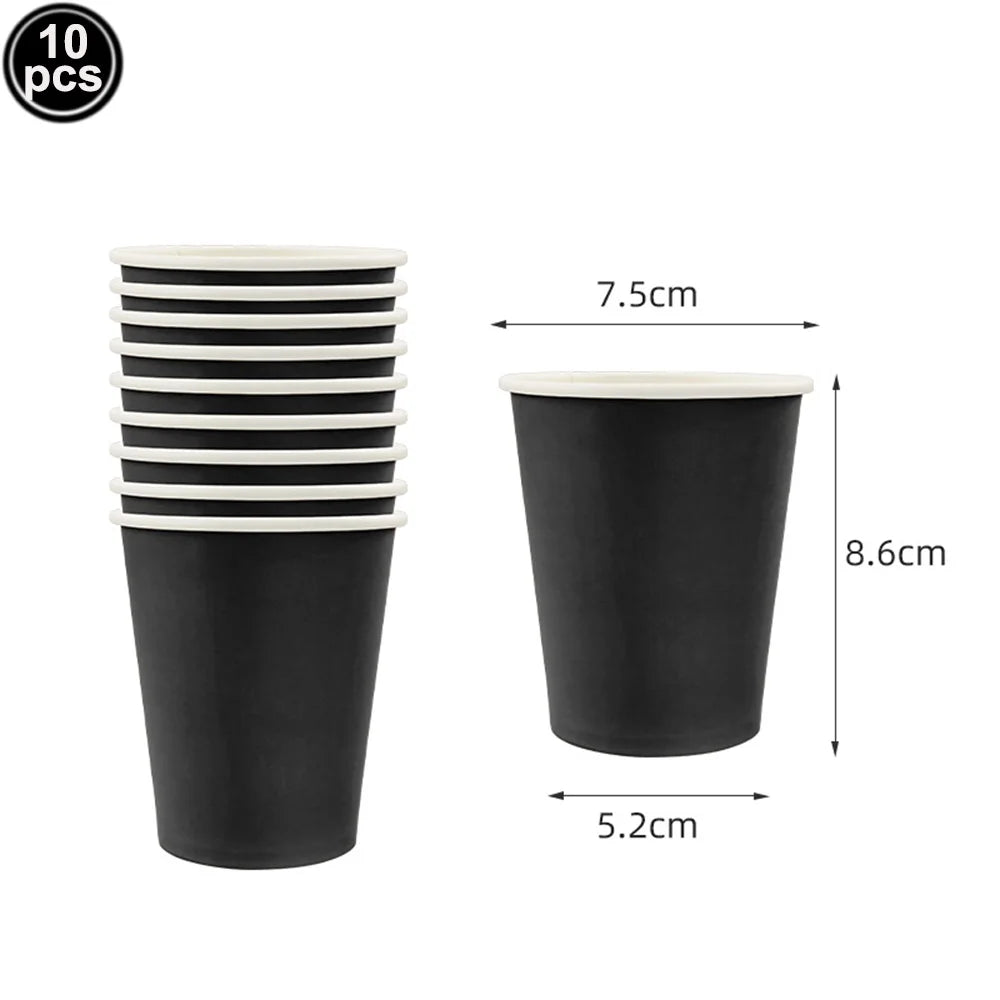 Ten black paper cups stacked and one single black cup shown with dimensions.