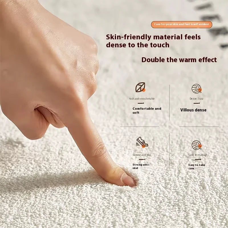 A hand gently touches a soft, textured mat, demonstrating the dense and warm feel of the product.