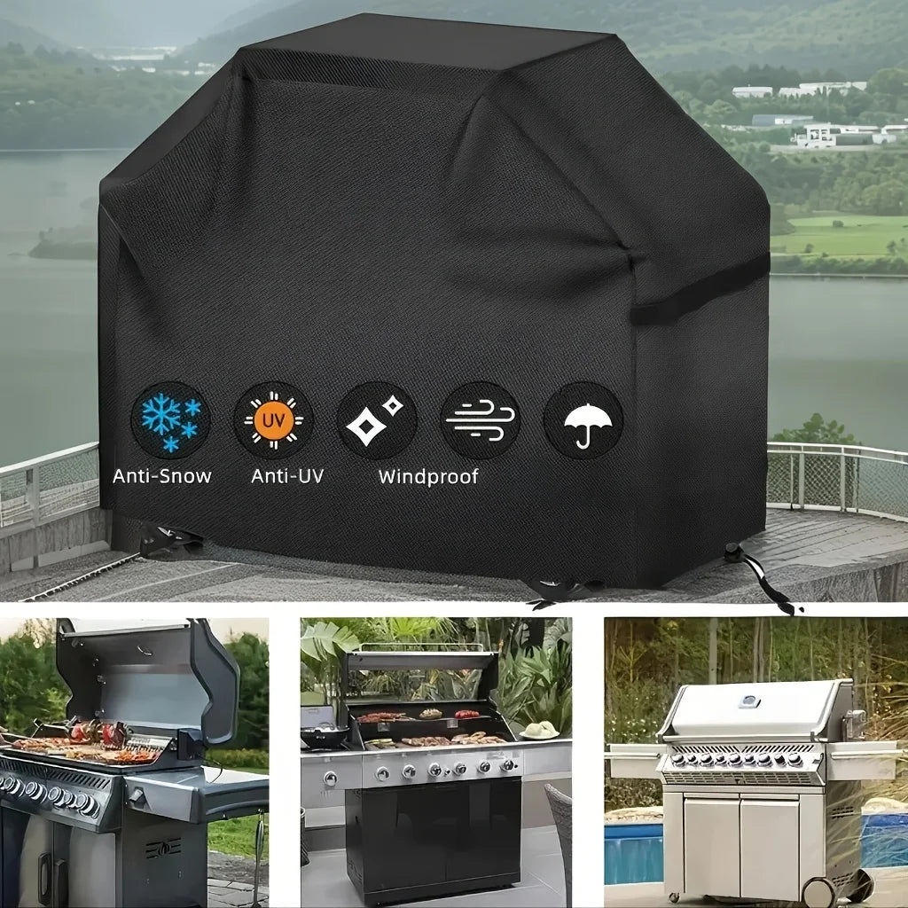Black heavy-duty all-weather grill cover featuring anti-snow, anti-UV, and windproof protection.