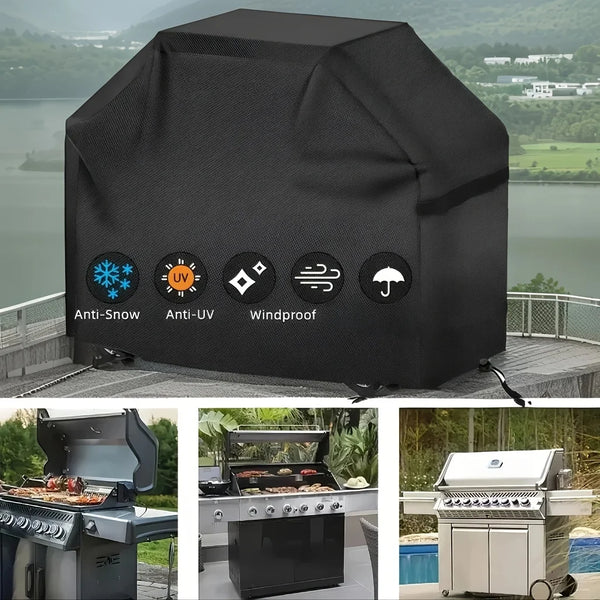 Black heavy-duty all-weather grill cover featuring anti-snow, anti-UV, and windproof protection.