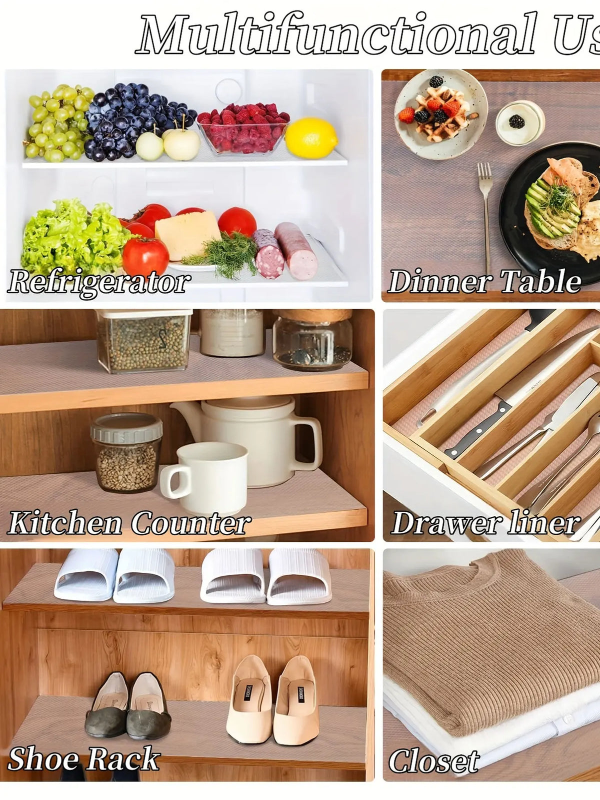 A collection of reusable EVA drawer liners shown in various contexts including a refrigerator, kitchen counter, and closet.