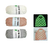 Three skeins of glow-in-the-dark yarn in white, pink, and gray for knitting and crochet