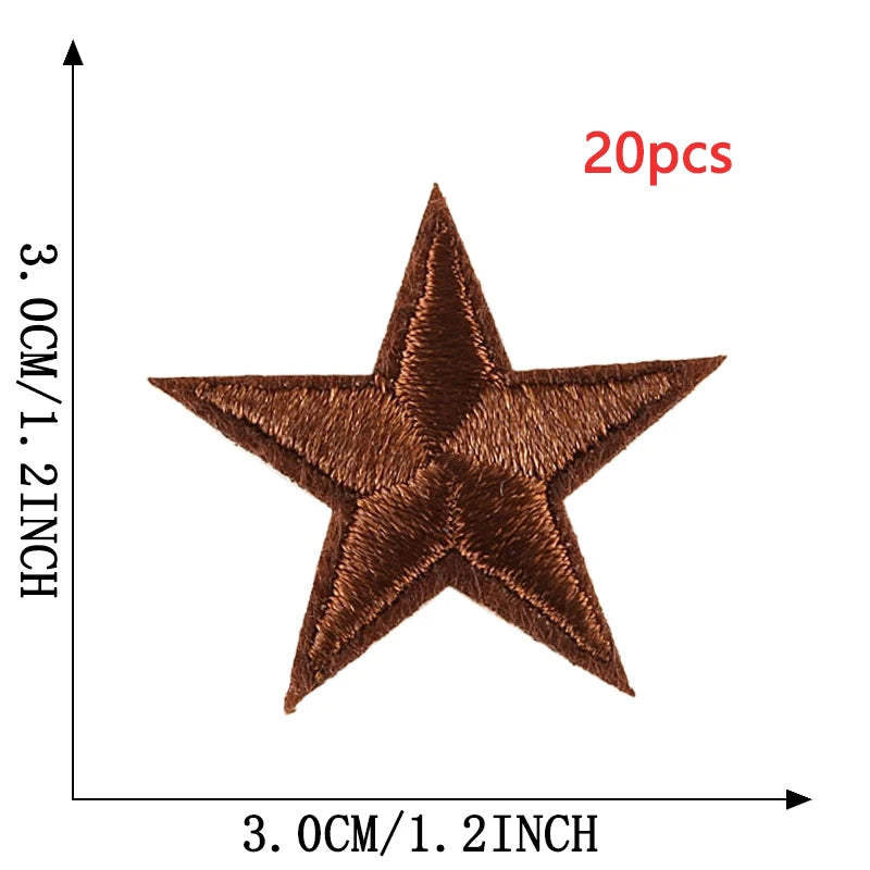 A brown five-pointed star embroidery patch is shown, measuring 3.0cm or 1.2 inch across.