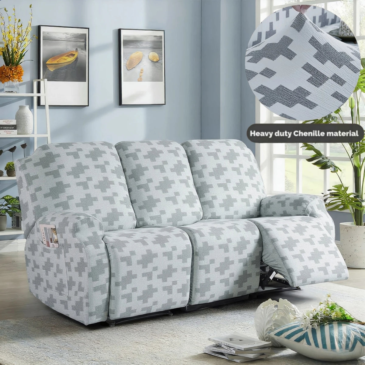 A light gray heavy-duty chenille recliner sofa slipcover with a patterned fabric displayed in a living room setting.