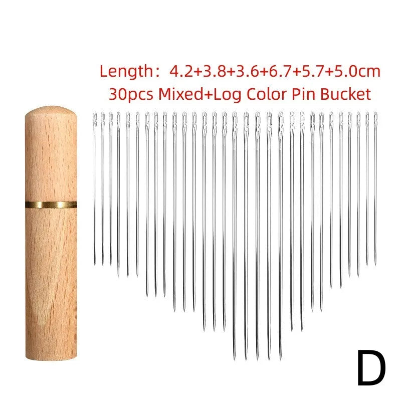 A wooden cylinder holds 30 pieces of mixed color stainless steel self-threading sewing pins.