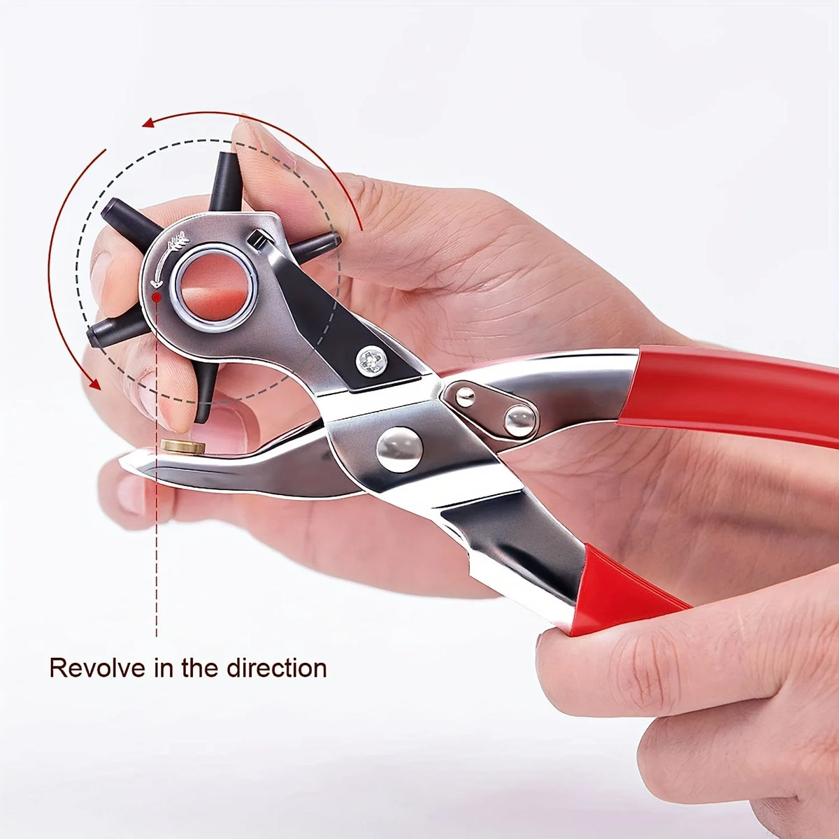 A hand demonstrates the revolving action of a precision rotating leather punch set tool.