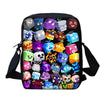 A black backpack featuring a colorful grid of cartoon characters and accessories.