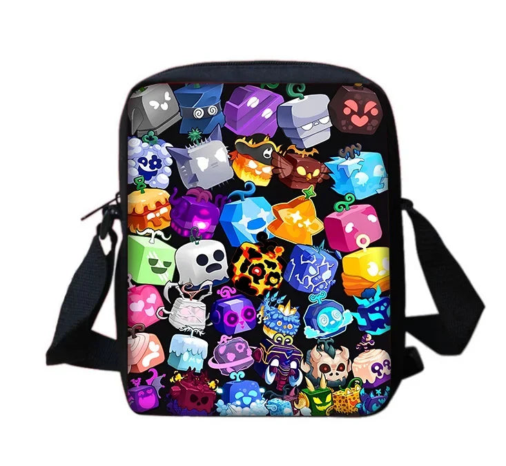 A black backpack featuring a colorful cartoon school set with various themed pouches and accessories.