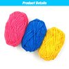 Three skeins of soft velvet chenille yarn in pink, blue, and yellow stacked on a white background.