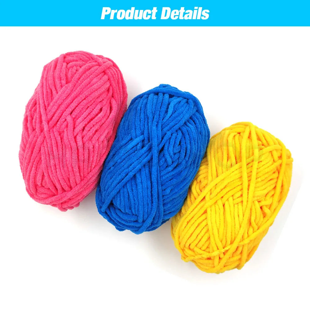 Three skeins of soft velvet chenille yarn in pink, blue, and yellow stacked on a white background.