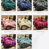 A collection of elegant lace edge bed skirt sets in various shades of blue, purple, and pink.