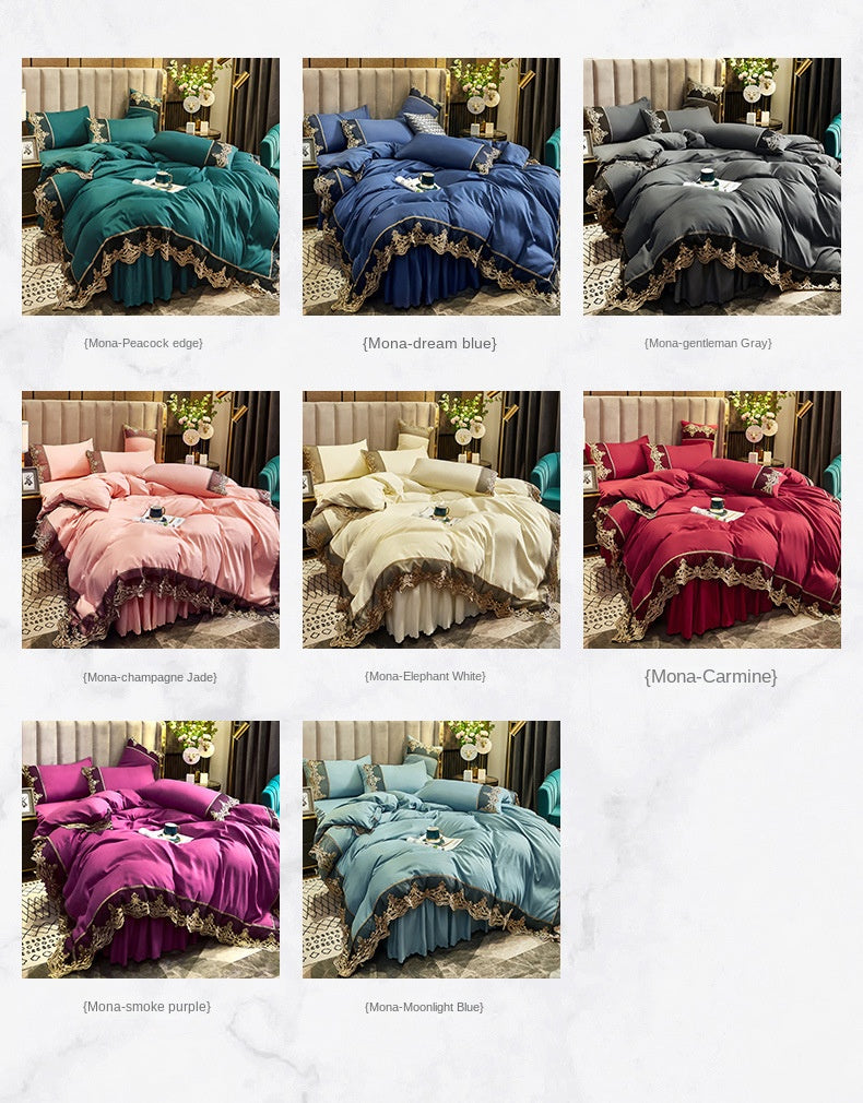A collection of elegant lace edge bed skirt sets in various shades of blue, purple, and pink.