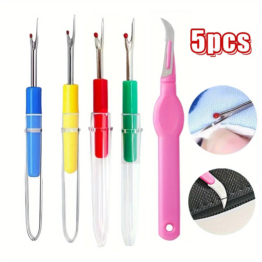 A set of five precision seam rippers for sewing and crafting tools in various colors including blue, yellow, red, green, and 