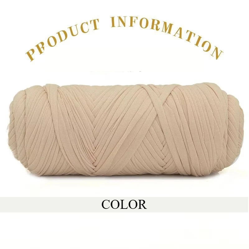 A skein of thick beige polyester blended yarn is shown rolled up for crafting.