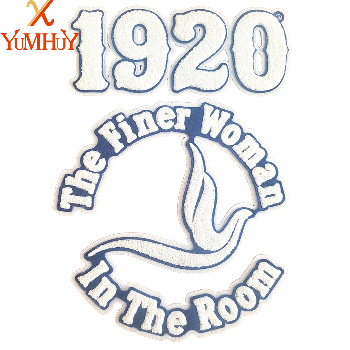 A white embroidered patch featuring the year 1920 and the text The finer woman in the room.