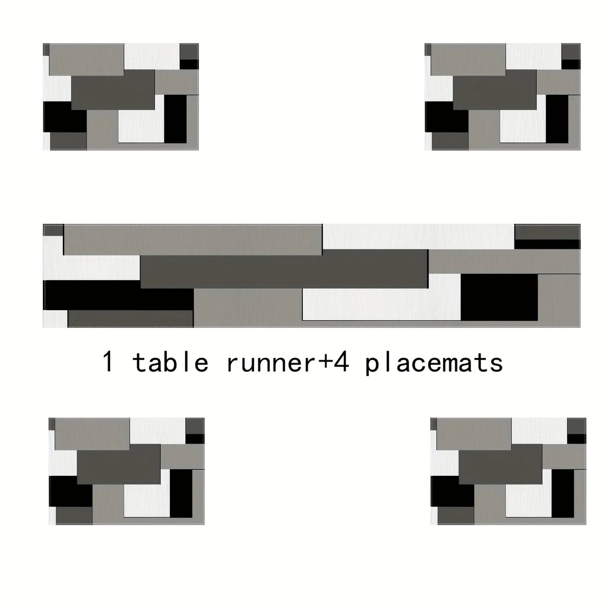 A set of geometric placemats and a table runner featuring shades of gray, black, and white.