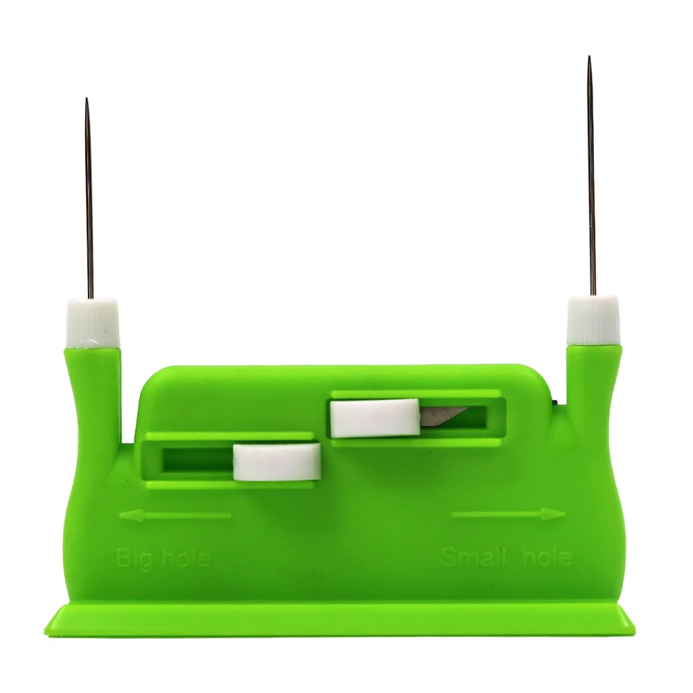 A bright green automatic double-head sewing needle threader with two needles and holes for threading.