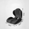 Black ergonomic memory foam lumbar support cushion shown from above with dimensions.