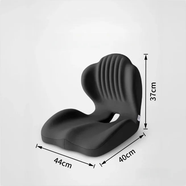Black ergonomic memory foam lumbar support cushion shown from above with dimensions.