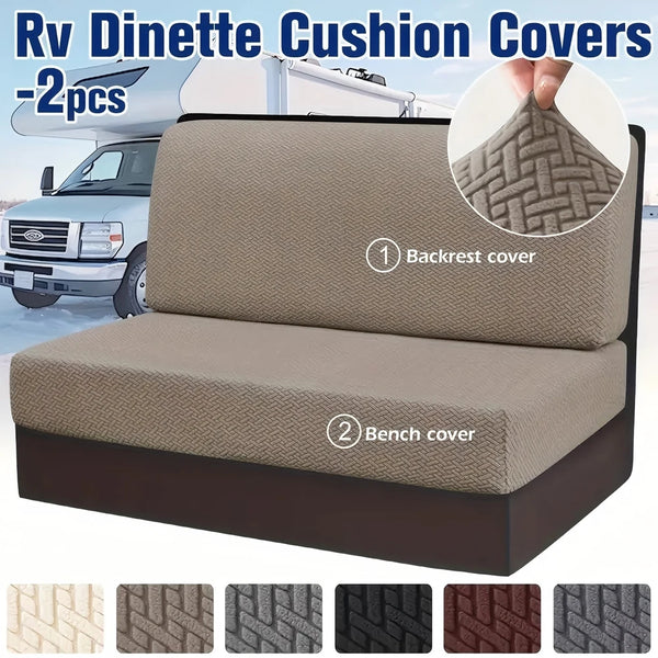 Two beige stretch jacquard cushion covers for an RV dinette bench and backrest.