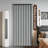 A vertical gray folding door curtain is shown next to a bedside table and a wall sign detailing its features.