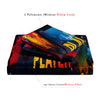 A set of two pillowcases and one duvet cover featuring a digital print design with vibrant colors and text.