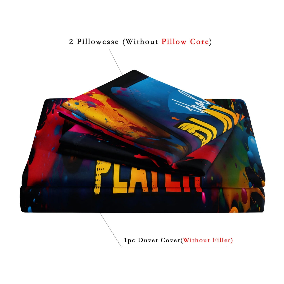 A set of two pillowcases and one duvet cover featuring a digital print design with vibrant colors and text.